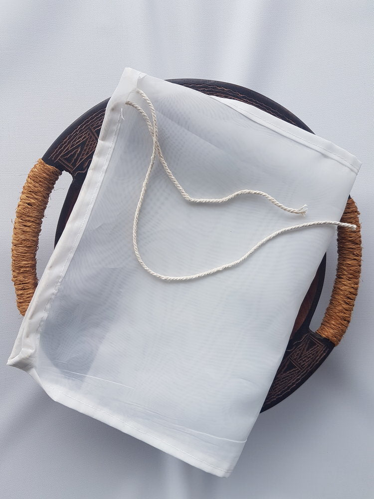 A clean food-grade nylon kava strainer bag, the kind recommended for traditional grind kava