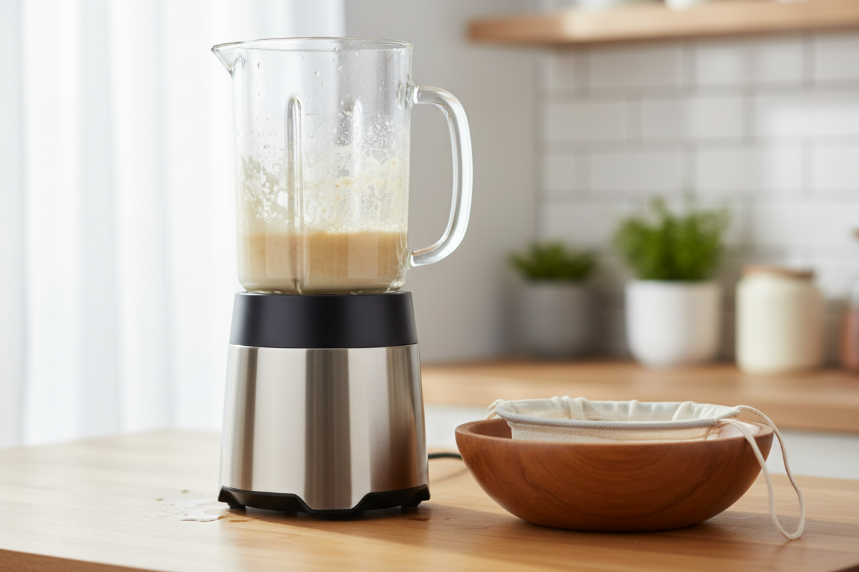 A high-speed blender next to a kava strainer bag, used in Root and Pestle's comparison of blending versus hand-kneading