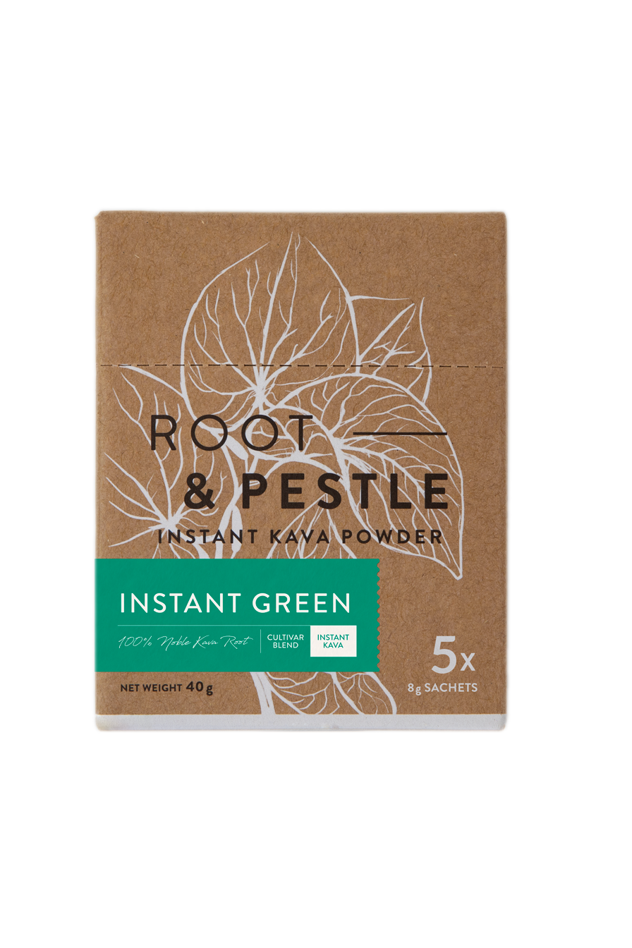 Box of Root & Pestle Instant Kava Powder with leaf design on a brown background