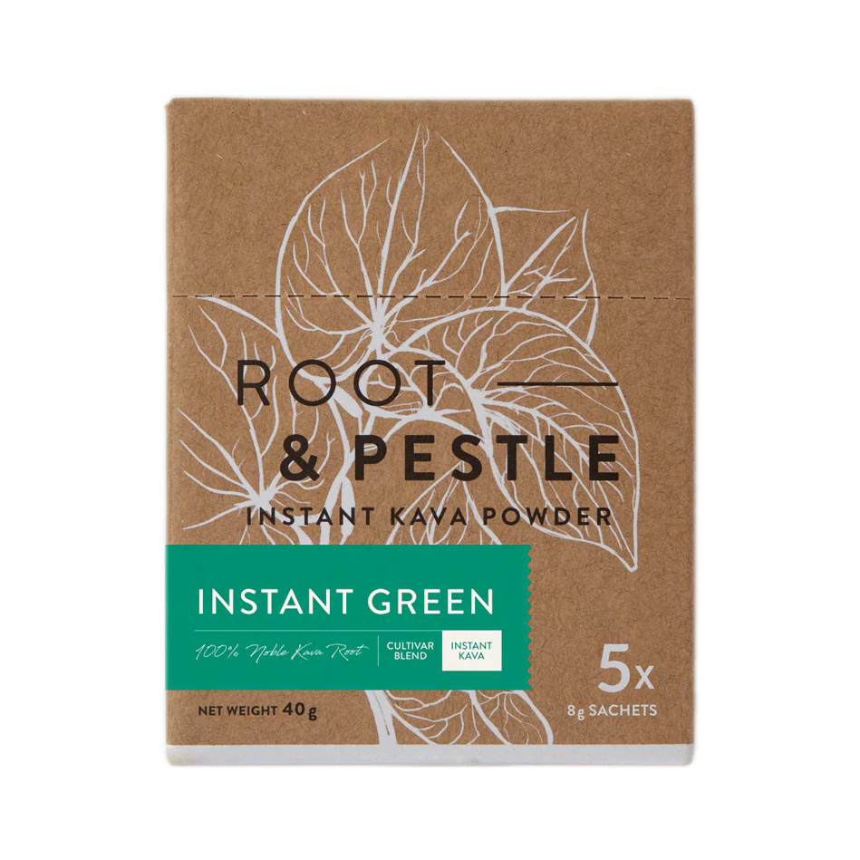 Box of Root & Pestle Instant Kava Powder with leaf design on a brown background