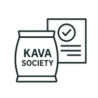 Line icon of a sealed kava bag with a certification check mark