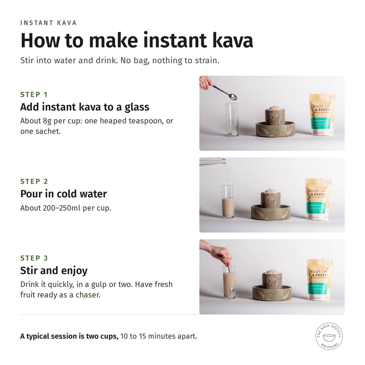 How to make instant kava in three steps: add 8g to a glass, pour in cold water, stir