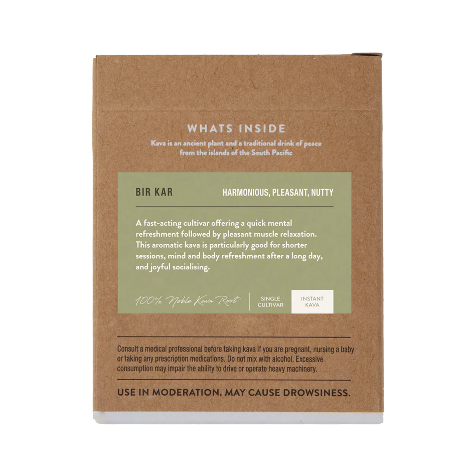 Bir Kar Instant Green Kava box, back with description and preparation instructions