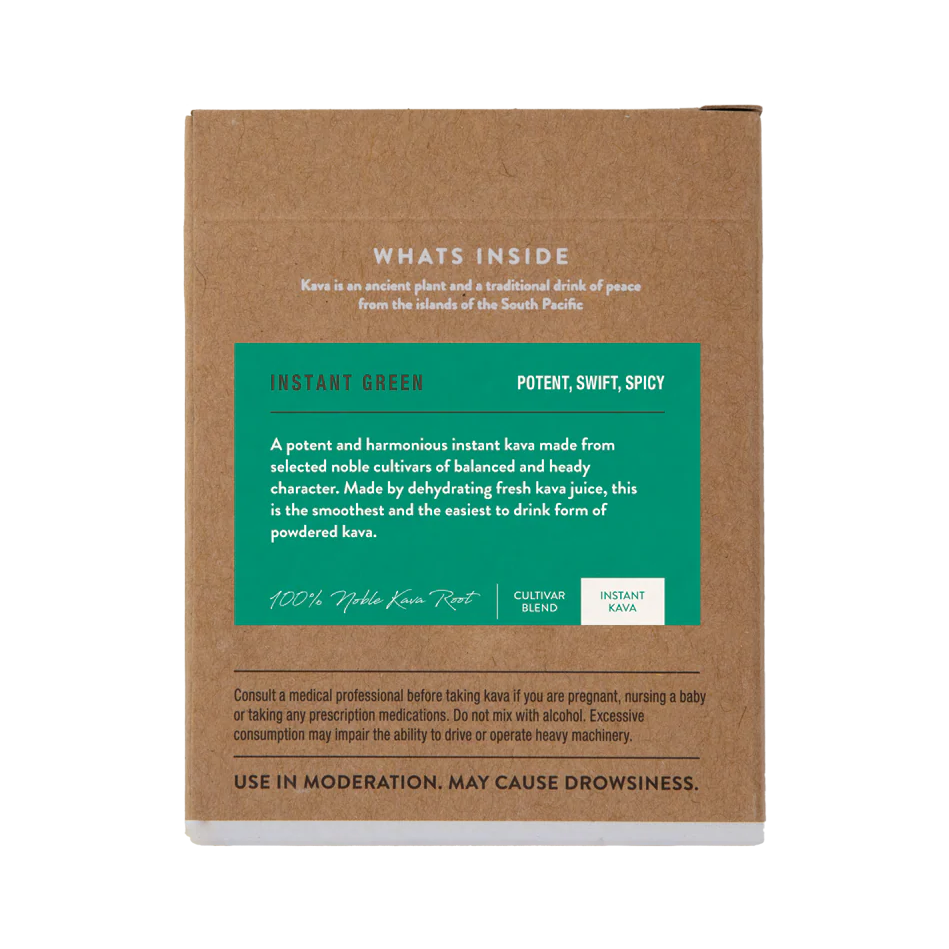 Instant Green Kava box, back with description and preparation instructions