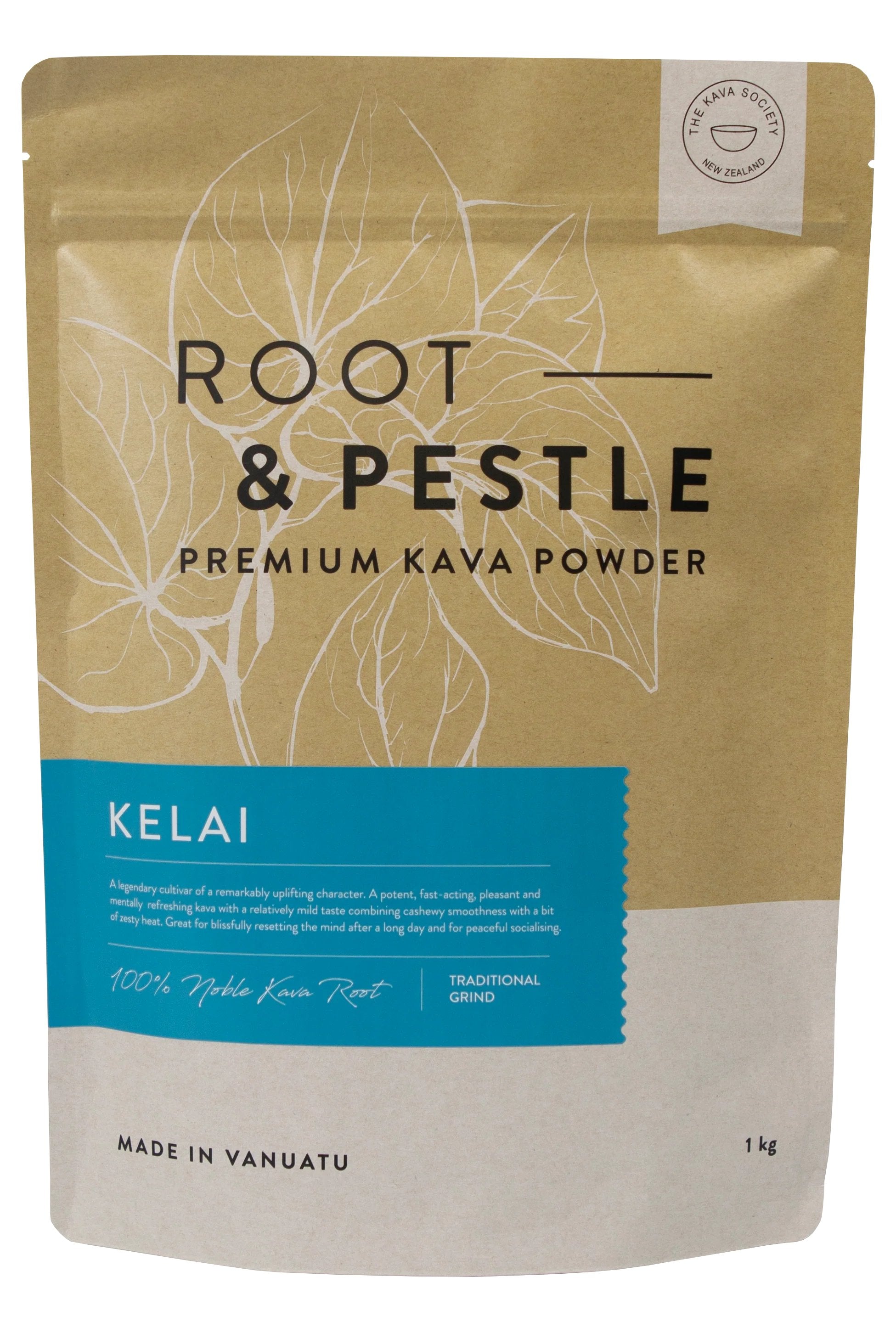 Kelai Traditional Kava pouch, Root & Pestle premium kava powder, front