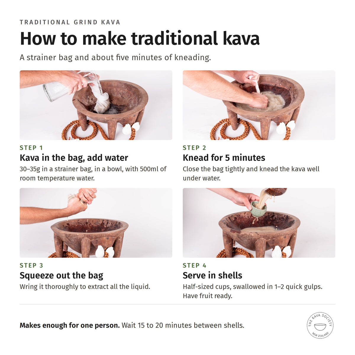 How to make traditional kava in four steps: add water to kava in a strainer bag, knead, squeeze, serve in shells