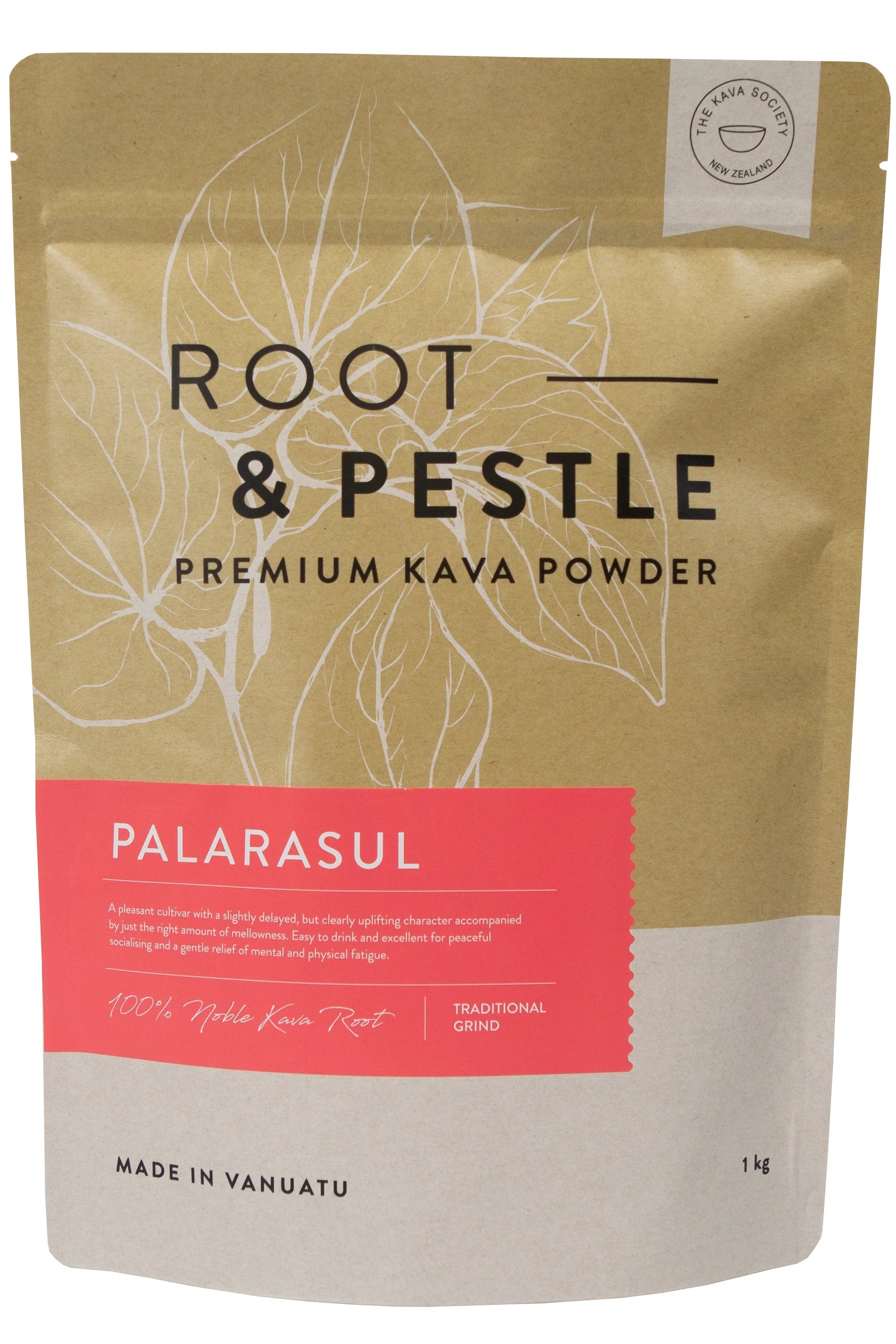 Palarasul Traditional Kava pouch, Root & Pestle premium kava powder, front
